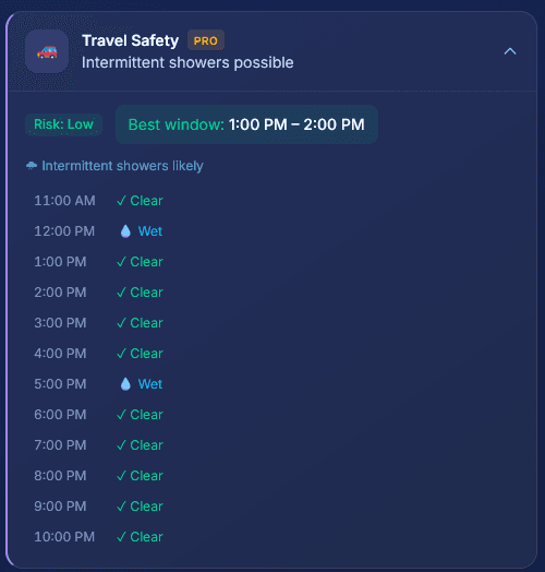 Travel Safety showing risk level, best travel window, rain timing summary, and hourly Clear and Wet road conditions